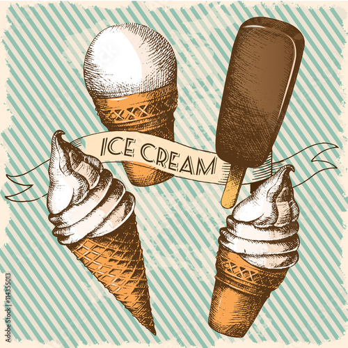 Vintage set of ice cream. Vector freehand drawing, shading, sketch. Summer season. Illustration painted in graphic style.