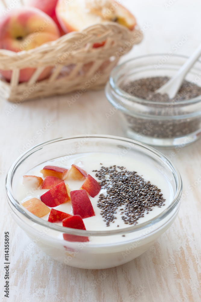 Yogurt with peach in  bowl