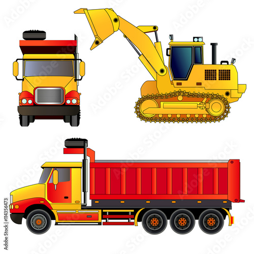 Front wheel loader and dump truck. Vector
