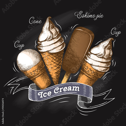 A set of tags with different ice cream on black, freehand drawing.  Sketch. Summer season. The menu for the restaurant and cafe.  Illustration painted in graphic style.