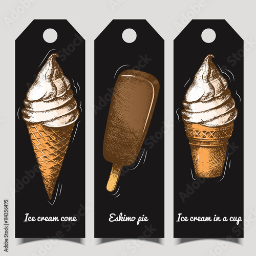 A set of tags with different ice cream on black, freehand drawing.  Sketch. Summer season. The menu for the restaurant and cafe.  Illustration painted in graphic style.