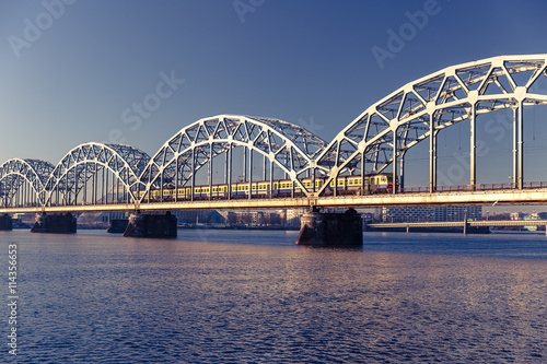 A view of the Railway Bridge over Daugava River in Riga, Latvia