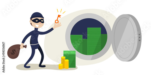 The robber with key from the safe and money bag. Crime concept. Flat illustration.