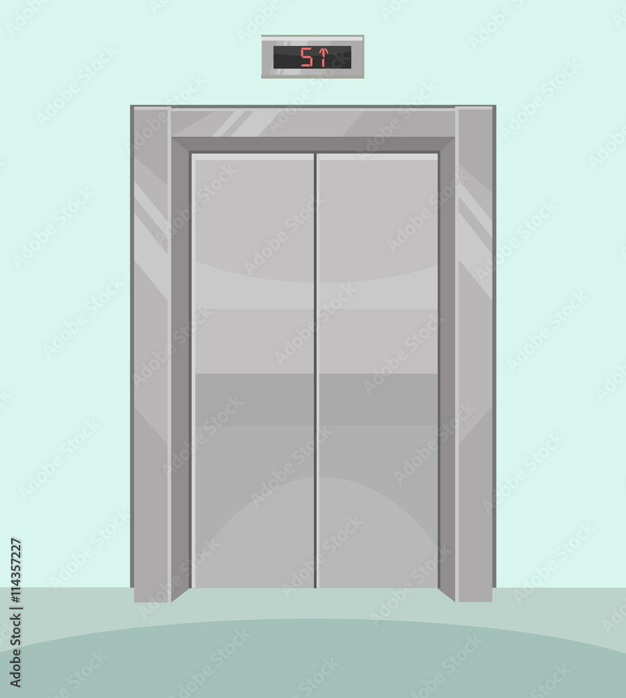 Closed elevator. Iron elevator with closed doors. Vector flat cartoon ...