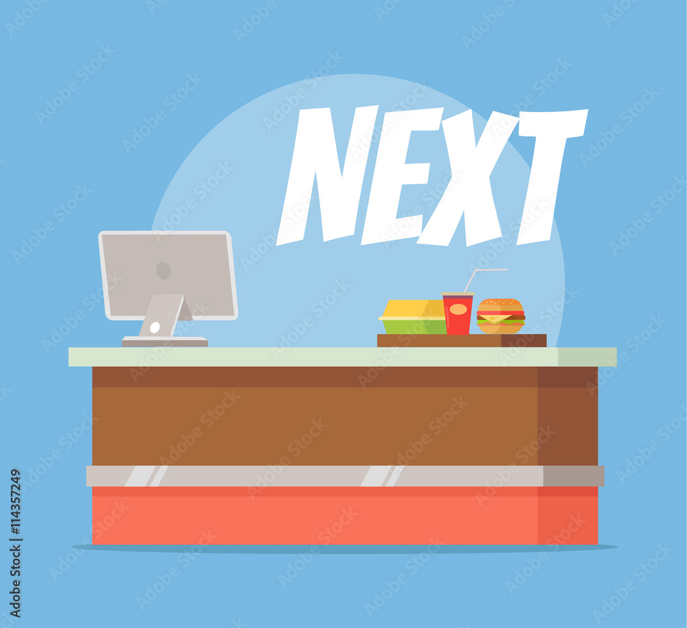 Fast food empty checkout counter. Vector flat cartoon illustration Fast food empty checkout counter. Vector flat cartoon illustration