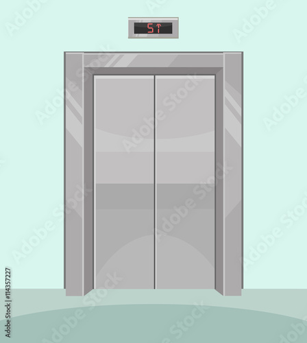 Closed elevator. Iron elevator with closed doors. Vector flat cartoon illustration