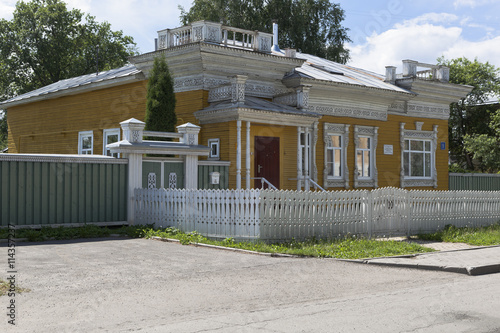 Wooden house with carved ornaments constructed in the XIX century on Mayakovsky Street in the city of Vologda, Russia