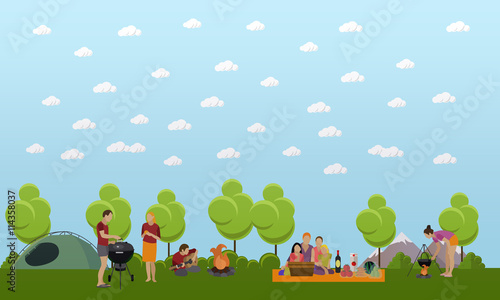 Summer recreation concept vector banner in flat style. People camping in park