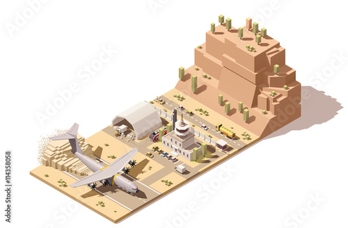 Vector isometric low poly airport terminal building with airplane and Ground Support Equipment