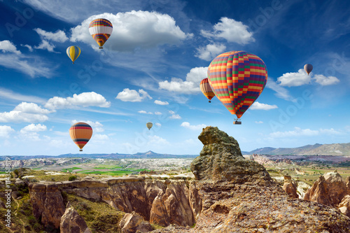 Hot air balloons flies in Cappadocia, Turkey