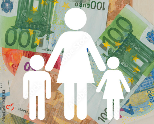 Icon of woman and children over Euro banknotes. Financial situation of lone mother after becoming a widow, divorce or pregnancy outside of wedlock. Woman and her economical responsibility for children