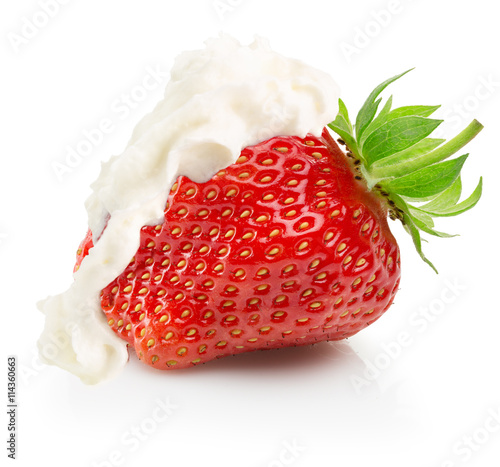 strawberry with whipped cream isolated on the white background
