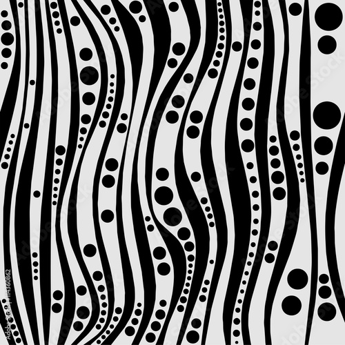 Wavy black and white contrasting abstract design with thin and thick curves and various circles
