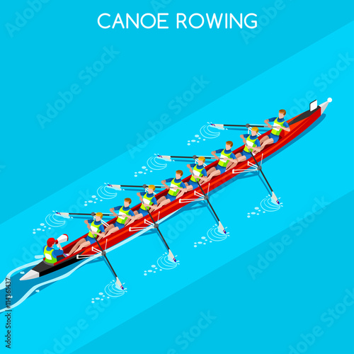 Olympics Canoe Rowing Coxswain Eight Summer Games Icon Set.3D Isometric Canoeist Paddler.Rowing Canoe Coxswain Eight Sporting Competition Race.Olympics Sport Infographic Canoe Rowing Vector 