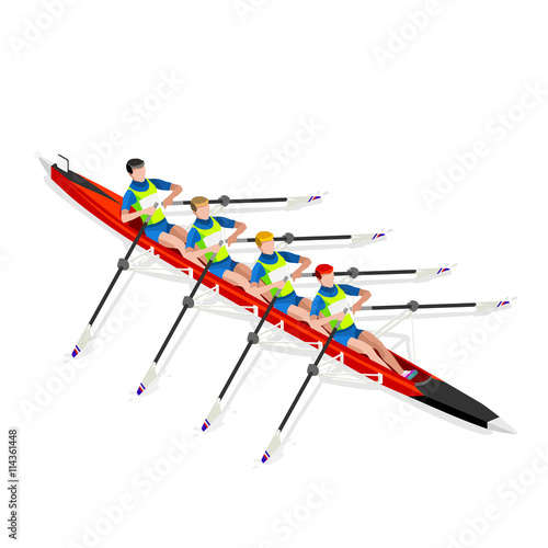 Olympics Canoe Rowing Quadruple Sculls Summer Games Icon Set.3D Isometric Canoeist Paddler.Rowing Canoe Quadruple Sculls Sporting Competition Race.Olympics Sport Infographic Canoe Rowing Vector 