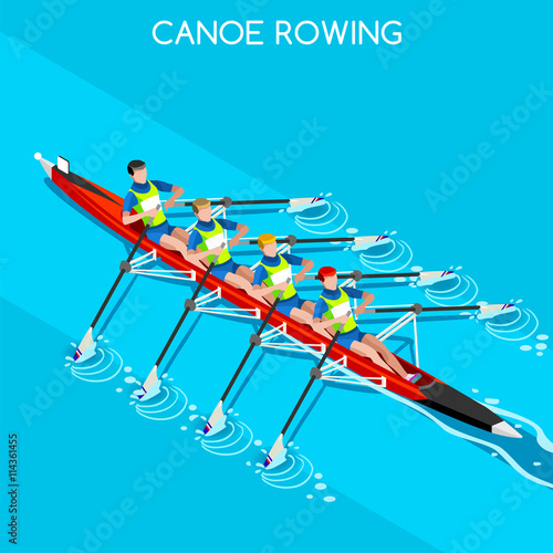 Olympics Canoe Rowing Quadruple Sculls Summer Games Icon Set.3D Isometric Canoeist Paddler.Rowing Canoe Quadruple Sculls Sporting Competition Race.Olympics Sport Infographic Canoe Rowing Vector 