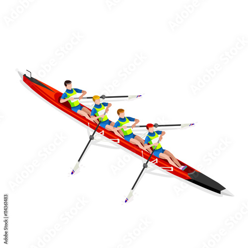 Olympics Canoe Rowing Without Coxswain Four Summer Games Icon Set.3D Isometric Canoeist Paddler.Rowing Canoe Sporting Competition Race.Olympics Sport Infographic Canoe Rowing Vector Illustration