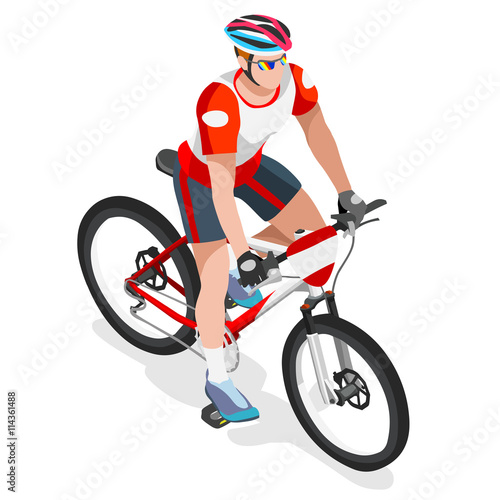 Olympics Mountain Biking Cyclist Bicyclist Athlete Summer Games Icon Set.Mountain Biking Cycling Concept.3D Isometric Sporting Bicycle Competition Race.Olympics Sport Cycling Infographic Vector 