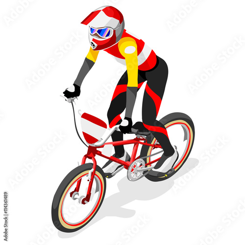 Olympics BMX Cyclist Bicyclist Athlete Summer Games Icon Set.BMX Cycling Speed Concept.3D Isometric Sporting Competition BMX Bicycle Race Runner.Olympics Sport Infographic Cycling Bike Race Vector 