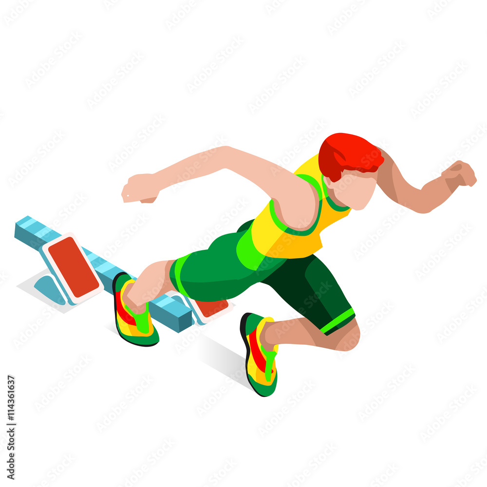 Running 100 Metres Dash of Athletics Sports Icon Set.Speed Concept.3D Isometric Athlete.Sport of Athletics.Sporting Competition Race Runner.Olympics Sport Infographic Track Field Vector Illustration