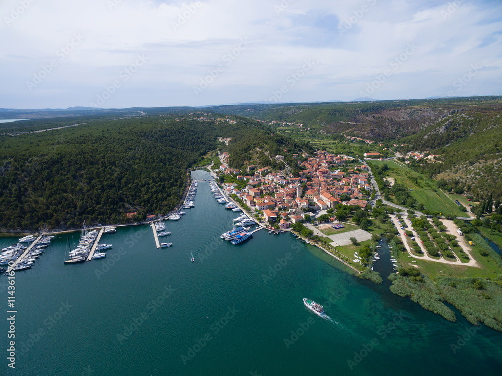 Aerial view of old town Skradin at the Krka river, Croatia
