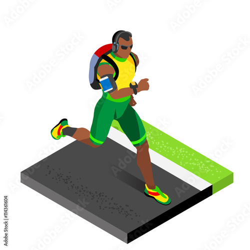 Marathon Runners Athletic Training Working Out Gym. Runners Running Athletics race Working Out for international championship competition. 3D Flat Isometric Marathon Gym Training Vector Image.