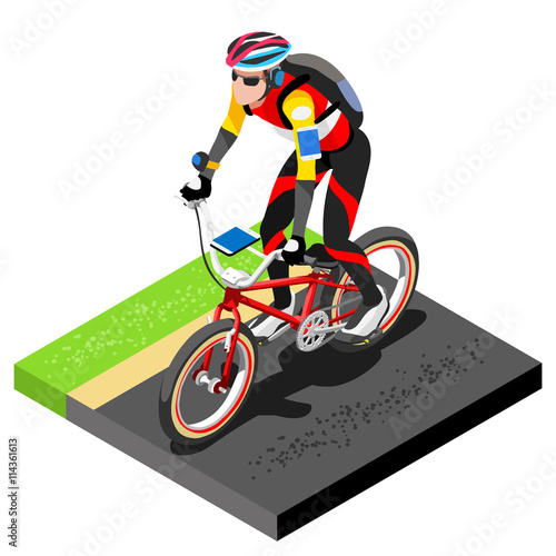 Road Cycling Cyclist Working Out.3D Flat Isometric Cyclist on Bicycle. Outdoor Working Out Road Cycling Exercises. Cycling Bike for Bicyclist athlete Working Out training Vector Image.