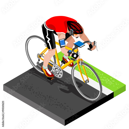 Road Cycling Cyclist Working Out.3D Flat Isometric Cyclist on Bicycle. Outdoor Working Out Road Cycling Exercises. Cycling Bike for Bicyclist athlete Working Out training Vector Image.