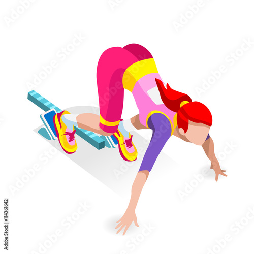 Sprinter Runner Athlete at Starting Line Athletics Race Start Summer Games Icon Set.3D Flat Isometric Sport of Athletics Runner Athlete at Starting Blocks.Olympics Sport Infographic Vector Image.