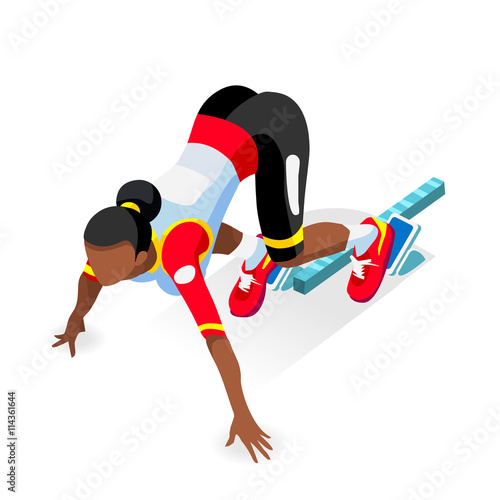 Sprinter Runner Athlete at Starting Line Athletics Race Start Summer Games Icon Set.3D Flat Isometric Sport of Athletics Runner Athlete at Starting Blocks.Olympics Sport Infographic Vector Image.