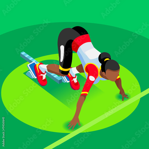 Sprinter Runner Athlete at Starting Line Athletics Race Start Summer Games Icon Set.3D Flat Isometric Sport of Athletics Runner Athlete at Starting Blocks.Olympics Sport Infographic Vector Image.