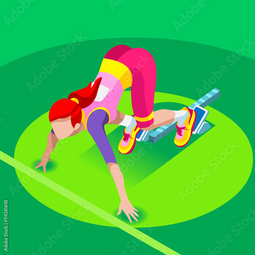 Sprinter Runner Athlete at Starting Line Athletics Race Start Summer Games Icon Set.3D Flat Isometric Sport of Athletics Runner Athlete at Starting Blocks.Olympics Sport Infographic Vector Image.