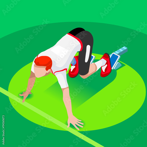 Sprinter Runner Athlete at Starting Line Athletics Race Start Summer Games Icon Set.3D Flat Isometric Sport of Athletics Runner Athlete at Starting Blocks.Olympics Sport Infographic Vector Image.