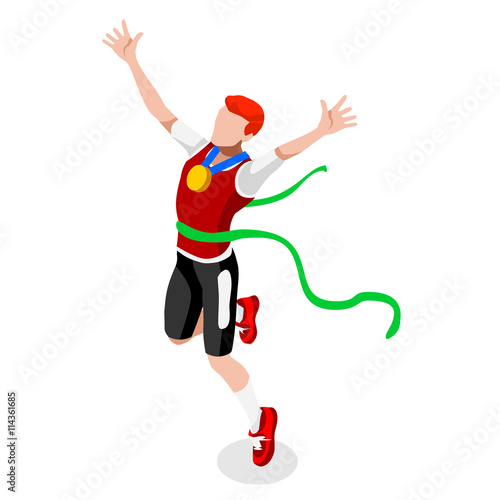 Running Winning Man Athletics Summer Games Icon Set.Win Concept.3D Isometric Win Runner Athlete.Sport of Athletics Sporting Competition.Olympics Sport Infographic Track Field Vector Illustration