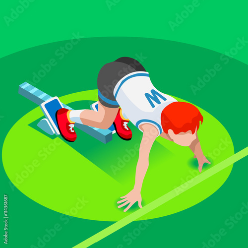 Sprinter Runner Athlete at Starting Line Athletics Race Start Summer Games Icon Set.3D Flat Isometric Sport of Kids Athletics Runner Athlete at Starting Blocks.Sport Infographic Vector Image.