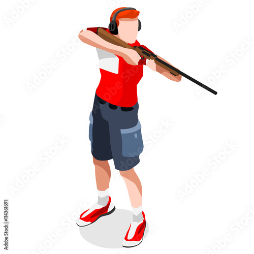 Shooting Player Summer Games Icon Set.3D Isometric Shooter Athlete.Sporting Championship International Shooting Competition.Olympics Sport Infographic Shooting Vector Illustration