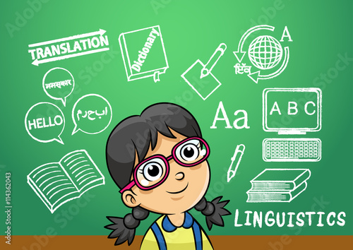 school girl write linguistics sign object in school blackboard