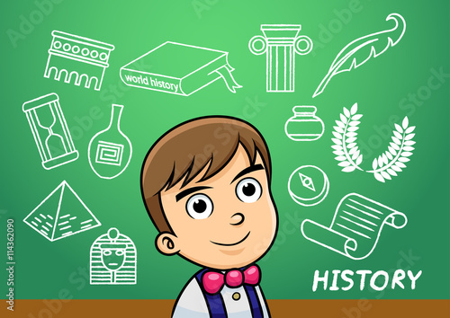 school boy write history sign object in school blackboard.