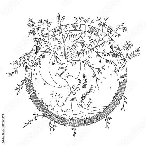 Round imaginary fictional world with a tangled old willow tree and two cats gazing at the full moon and stars. Adult, grown-up coloring page for print. EPS 10
