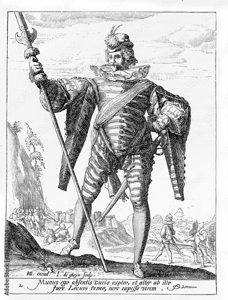 1600, illustration depicting a guard with spear and sword of Rudolf II