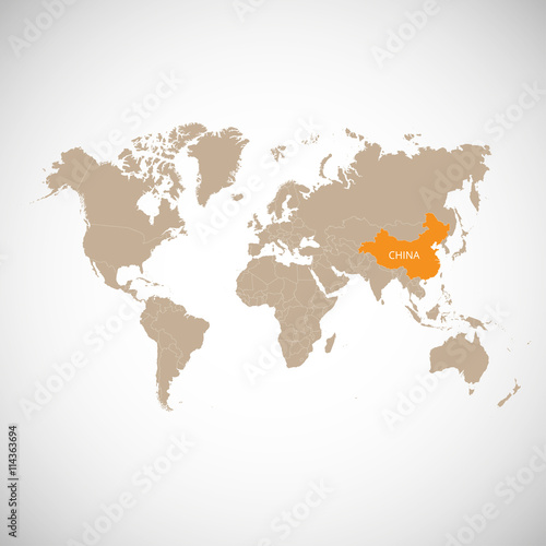 World map with the mark of the country. China. Vector illustration.  