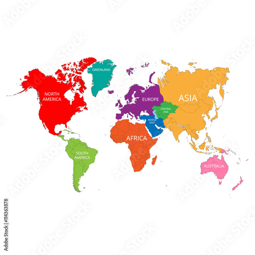 World map with the names of the continents. Vector illustration.
