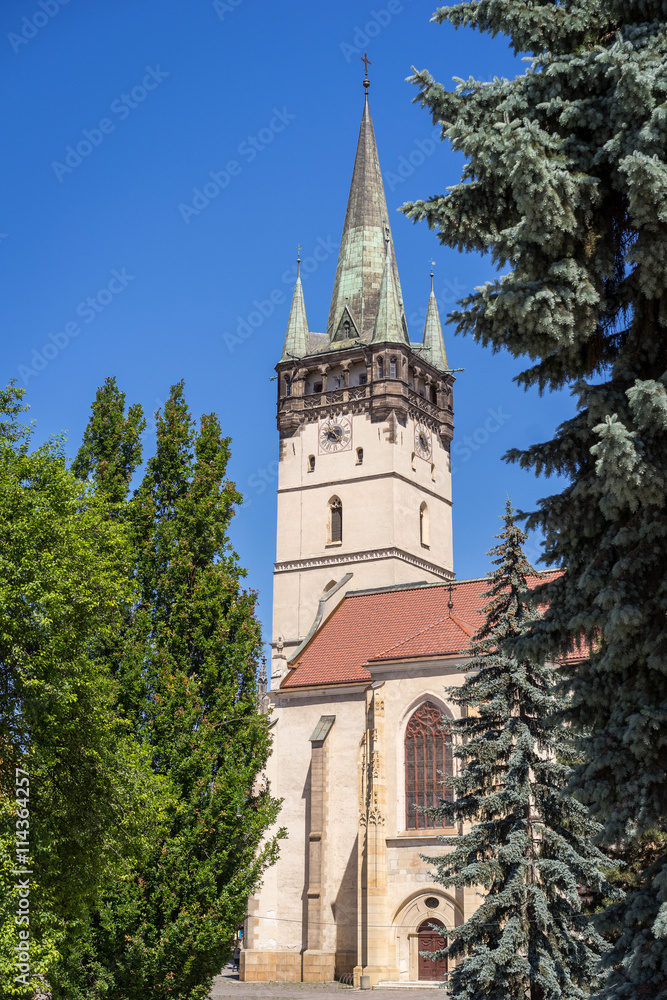 Scenic view of Cathedral of St. Nicholas, Presov, Slovakia. City center of Presov with Monument of Soviet armies and Cathedral of St. Nicholas. Vertical view.