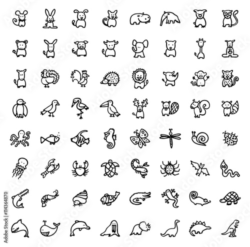 64 black and white hand drawn icons - ANIMALS