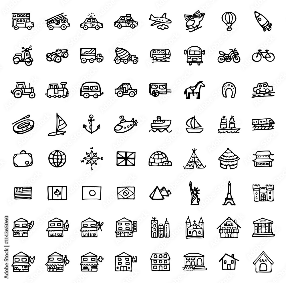 64 black and white hand drawn icons - TRANSPORTATION & ARCHITECTURE
