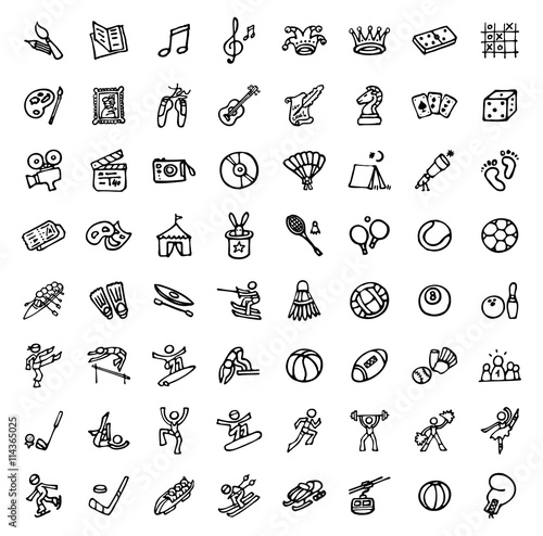 64 black and white hand drawn icons - SPORTS & LEISURE