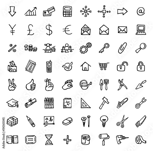 64 black and white hand drawn icons - OFFICE   TOOLS