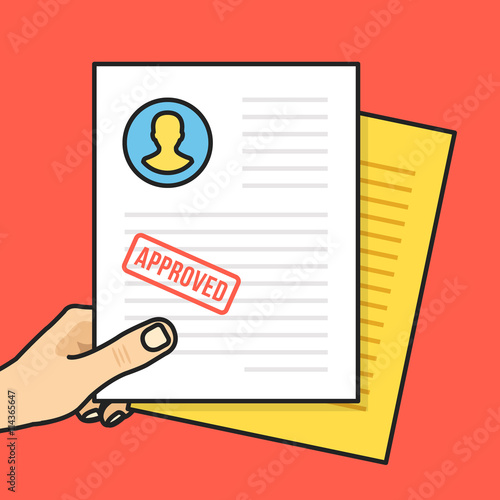 Hand holding approved job application. Approved CV with stamp. Creative thin line flat design graphic elements. Cartoon vector illustration