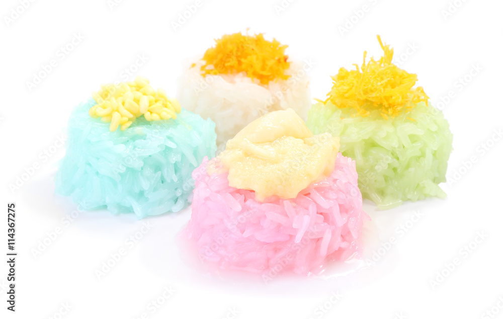 Multiple color of sticky rice with custard on white floor. Multiple color of sticky rice with custard on white floor.