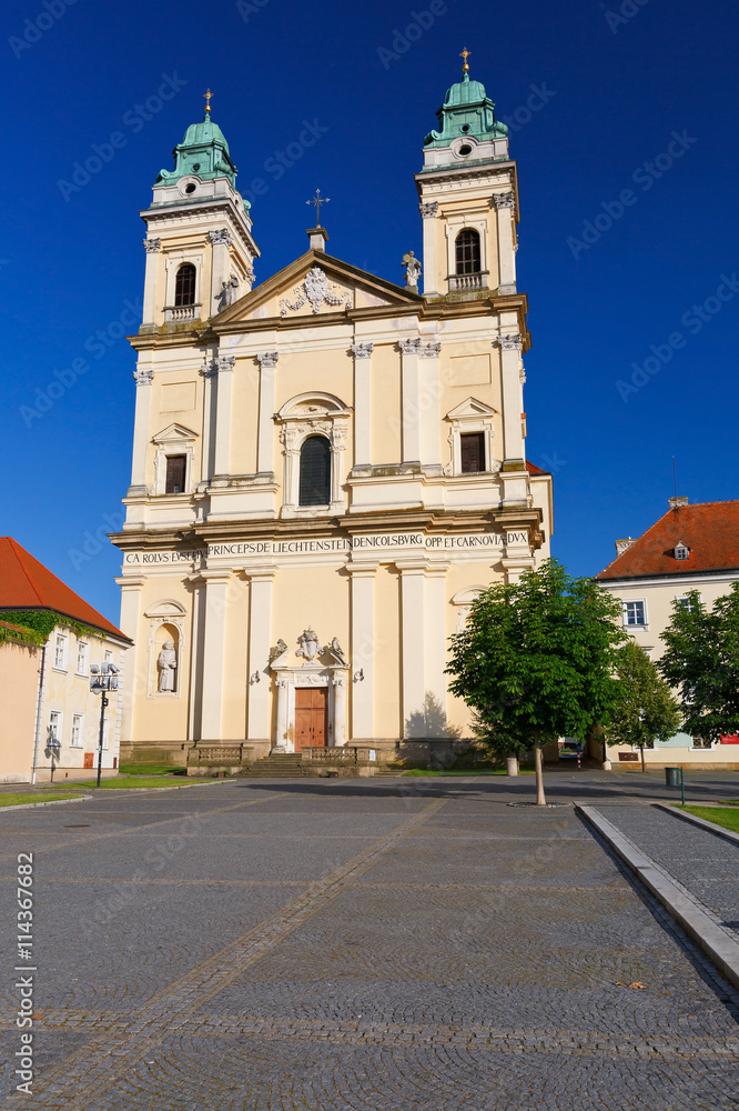 Church in the main square of Valtice town in Moravia, Czech Republic.